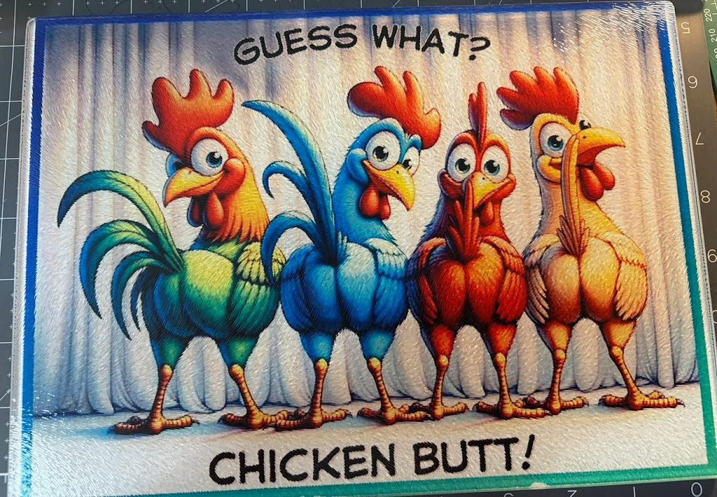 Cartoon roosters with a humorous message on a cardboard background